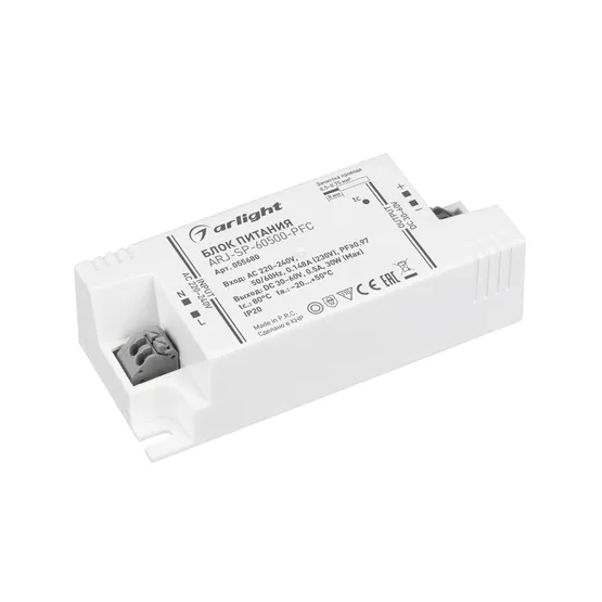 Фото товара Блок питания ARJ-SP-60500-PFC (30W, 30-60V, 500mA) (Arlight, IP20 Пластик, 5 лет)